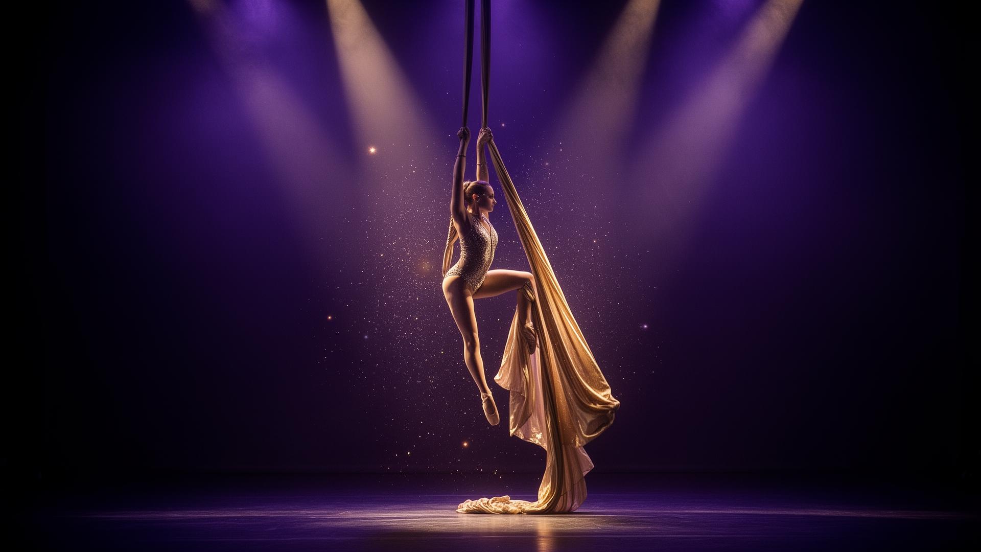 Aerial silks performer suspended in dramatic purple stage lighting